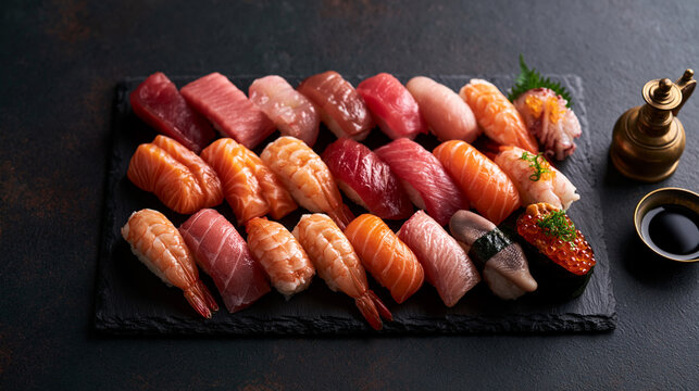 Assorted Fresh Nigiri Sushi on Dark Slate Board