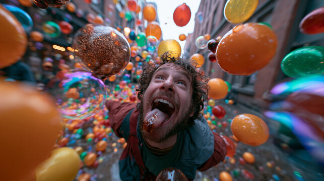Ecstatic Man Celebrating Amidst Colorful Balloons on City Street