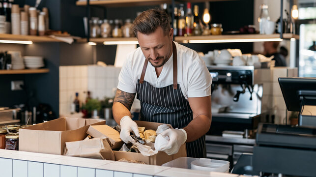 Male small business owner wearing an apron and gloves, packing food orders for takeout and delivery at a cafe counter