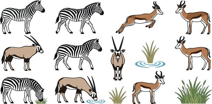 African wildlife animals vector collection featuring zebras gazelles oryx antelopes and savanna grass isolated elements