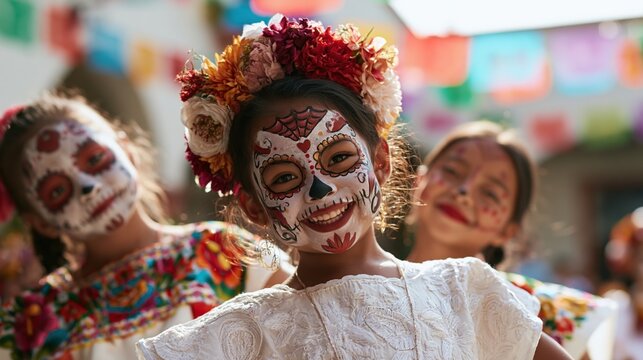 Joyful Children Celebrating Dia de los Muertos in Sugar Skull Makeup