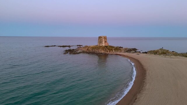 Sunset Drone View of Torre di Bari on the Sardinian Coast
