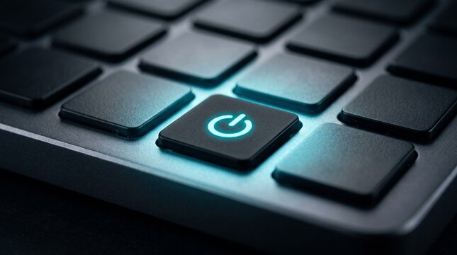 Glowing power button on a dark computer keyboard, illuminated blue standby symbol on black keys, modern technology startup and energy concept