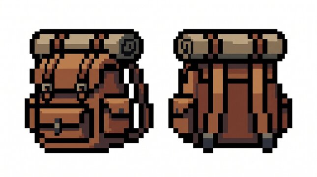 8-bit pixel art of a brown leather adventurer backpack inventory game asset isolated on white.