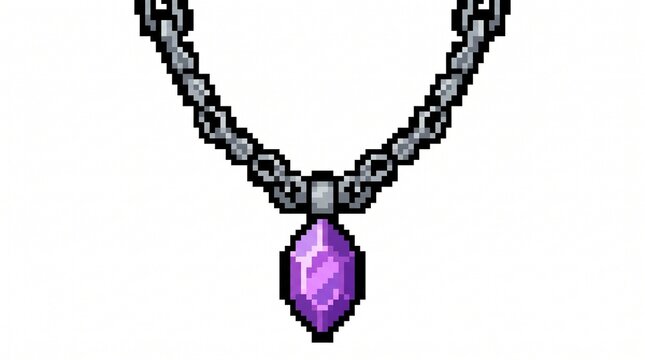 8-bit pixel art of a silver necklace with a purple gem amulet game asset isolated on white.