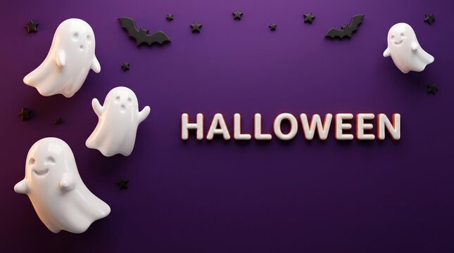 Halloween banner with cute 3D ghosts. Spooky holiday background with flying bats and text. Minimalist purple festive decoration.