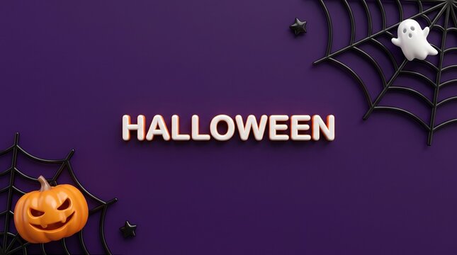 Halloween greeting on purple background, spooky pumpkin and ghost with spider webs, festive holiday banner with 3D text