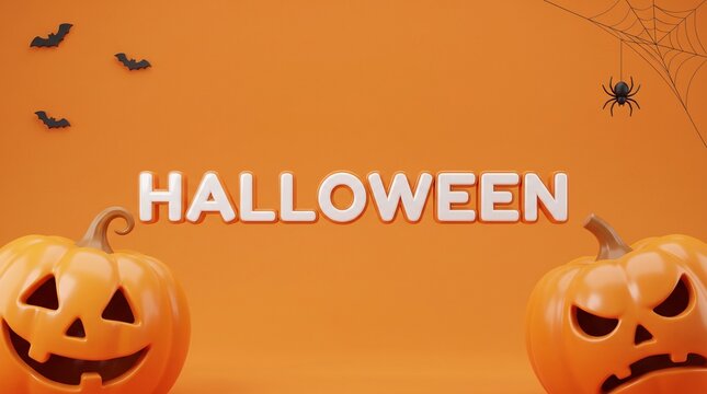Halloween 3D text banner with pumpkins, spooky orange background with bats and spider web, festive holiday greeting card
