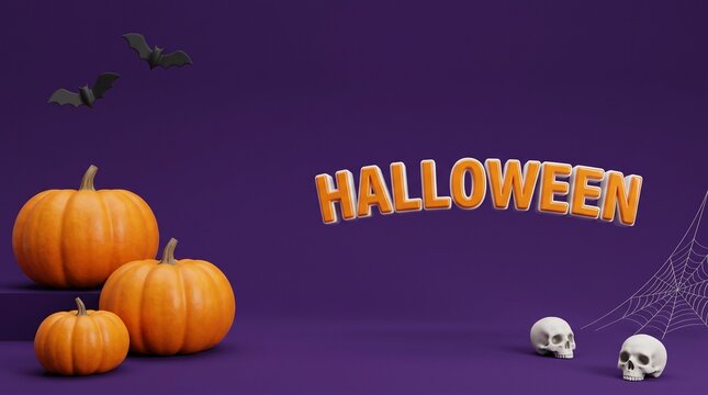 Halloween 3D text banner with orange pumpkins, spooky skulls and bats on purple background, festive seasonal holiday greeting
