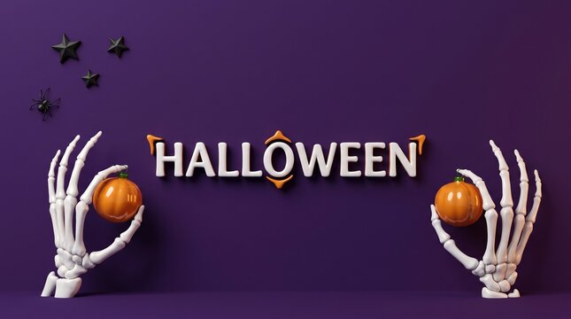 Halloween 3D text on purple background, skeleton hands holding small pumpkins, spooky holiday banner with stars and spiders