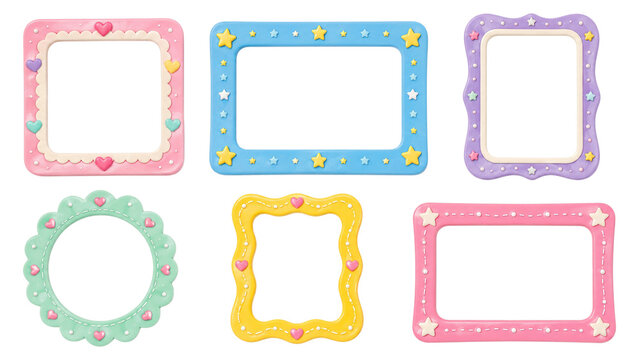 Six pastel decorative photo frames with hearts, stars and scalloped edges in pink, blue, purple, mint and yellow, assorted round and rectangular shapes for scrapbooking, invitations and digital design