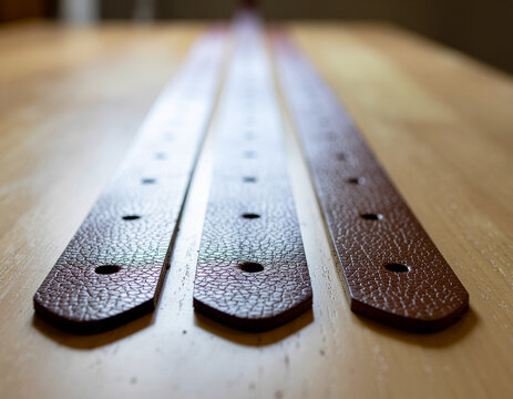three handcrafted brown textured leather straps with punched buckle holes aligned on a smooth wooden workshop workbench