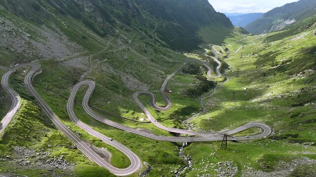 Drone View of Transfagarasan Road Winding Through Summer Mountains
