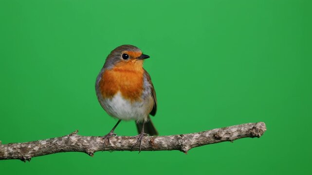 European Robin perched on a branch against a green screen with gentle camera movement signifying nature's simplicity and wildlife observation