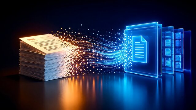 3D visualization of a paper stack transforming into digital data streams and archiving into virtual document folders