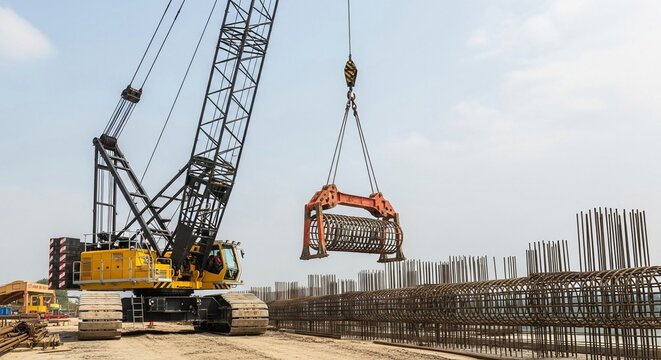 Large crawler crane lifting steel rebar cage at active construction site during daytime