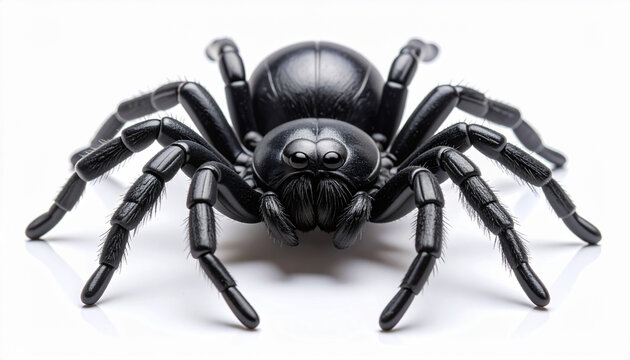 Large black spider isolated on white background, macro shot of arachnid insect.