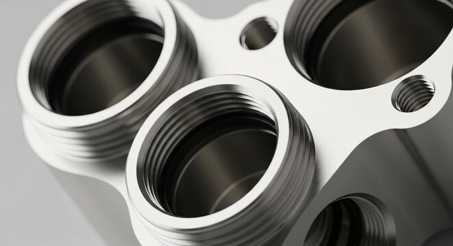 Macro view of polished metal manifold component with intricate threaded openings for industrial applications