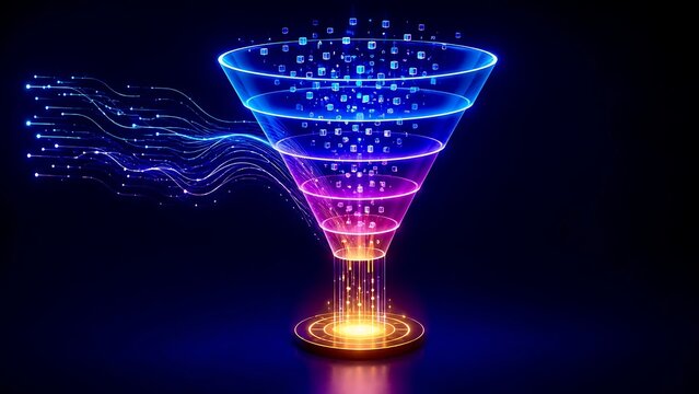 3D glowing data funnel filtering digital blocks into fiber optic streams representing analytics and conversion