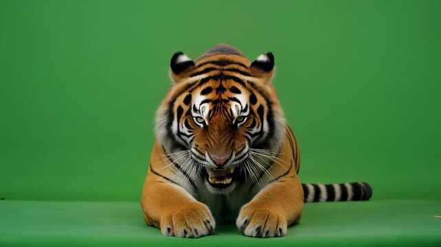 Fierce Toy Tiger Roaring with Wide Open Mouth on Green Screen Background