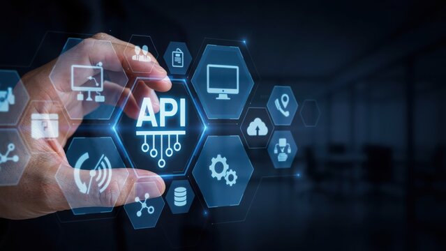 Businessman holding a glowing digital api interface with hexagonal for software development, cloud computing, and data management systems
