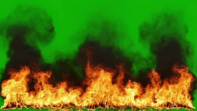 Fiery inferno with smoke plumes on a green screen background in cinematic motion for visual effects