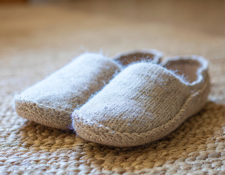 pair of cozy handmade beige wool knitted house slippers on a textured woven straw floor mat