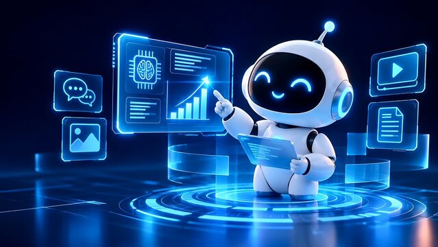 3D artificial intelligence robot assistant pointing at digital business growth chart dashboard