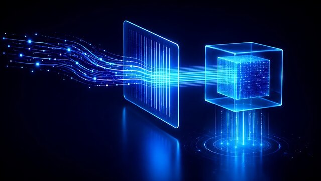 3D visualization of glowing fiber optic data streams entering a digital transparent cube for processing