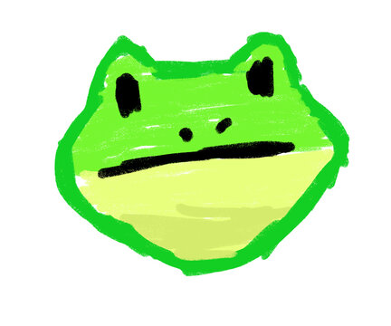 Naive art crayon drawing of a green frog face with black eyes isolated on transparent background
