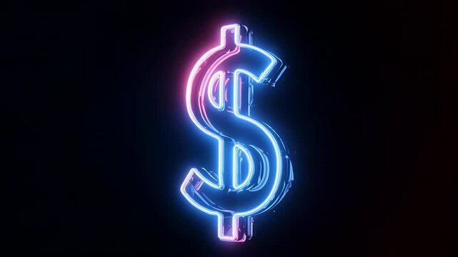 Glowing neon dollar signs pulse with blue and pink light against a dark background representing financial growth