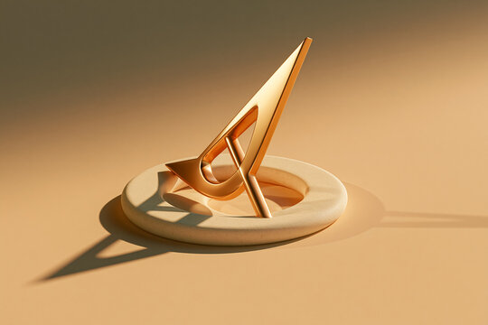 3D render of golden sundial gnomon casting shadow for time tracking, history, and progress timeline concept