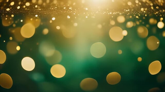 Golden bokeh lights dancing over emerald green background with cinematic motion