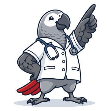 Cheerful cartoon African grey parrot doctor pointing upward as if sharing an important medical tip, isolated on a white background.