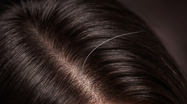 Single grey hair strand sticking out from dark hair roots