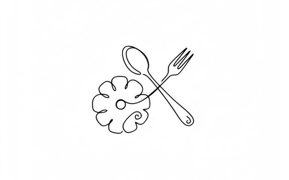 Single line drawing of a flower with a fork and spoon crossing isolated on transparent background
