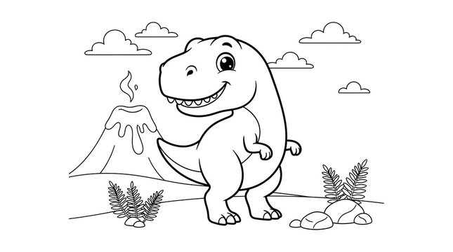 A cute cartoon tyrannosaurus rex dinosaur standing in a prehistoric landscape for a fun educational printable kids coloring page activity sheet