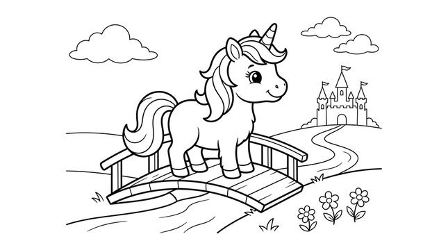 A cute little unicorn standing on a wooden bridge near a magical castle for a fun creative kids coloring page activity