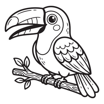 Toucan Bird Coloring Page Line Art Vector Illustration For Kids Printable Activity Book Tropical Animal Drawing Sitting On Branch.