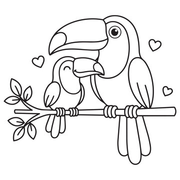 Cute Cartoon Toucan Family Outline Vector Clipart For Kids Printable Activity Sheet Tropical Birds Line Drawing Coloring Page Sheet.