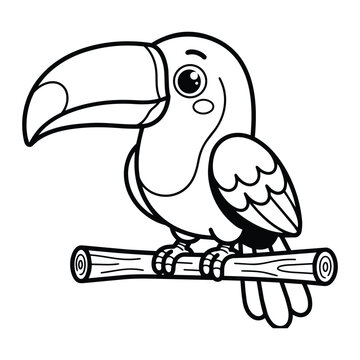 Cute Toucan Bird Coloring Page Line Art Vector Illustration For Kids Printable Activity Book Tropical Animal Drawing Sitting On Branch.
