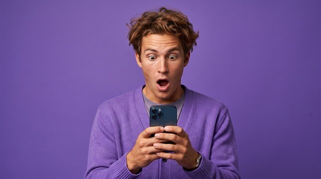 Surprised young man looking at smartphone with shocked expression, amazed male holding mobile phone on purple background, excited guy reacting to online news