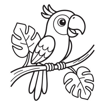 Monstera Leaf Tropical Parrot Line Drawing Vector Outline Cute Exotic Bird Coloring Page For Pre K Learning Activity Printable Worksheet.