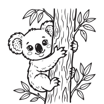 Adorably Cute Koala Bear Hugging Tree Trunk Black White Line Art Vector SVG Cut File Printable Graphic Design Element Outline.