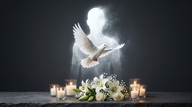 White dove flying from glowing silhouette figure with lit memorial candles and white flower arrangement