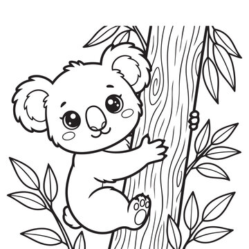 Cute Baby Koala Climbing Eucalyptus Tree Vector Line Art Outline Illustration Printable Coloring Page Book Sheet for Kids Activity Fun.
