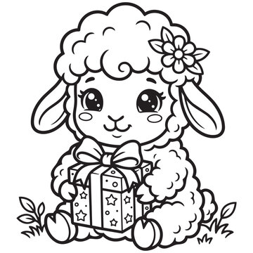 Cute baby sheep holding gift box coloring page for kids with fluffy lamb vector line art for birthday activity book.