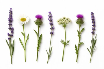 Fototapeta premium Row Of Mixed Wildflower Stems On Seamless White