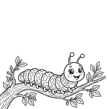 Smiling Caterpillar Crawling on Small Twig Coloring Page Line Art Vector Illustration Outline Activity Book Sheet for Children.