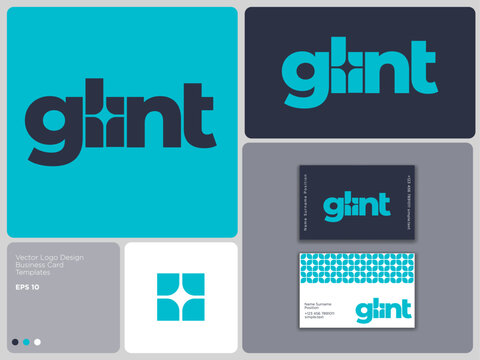 Glint vector logo design template and business card mockup with geometric star icon. Glint logo with hidden ster shape like bling. 
